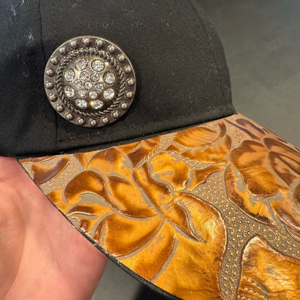 Tooled Leather Cap with Rhinestone Concho